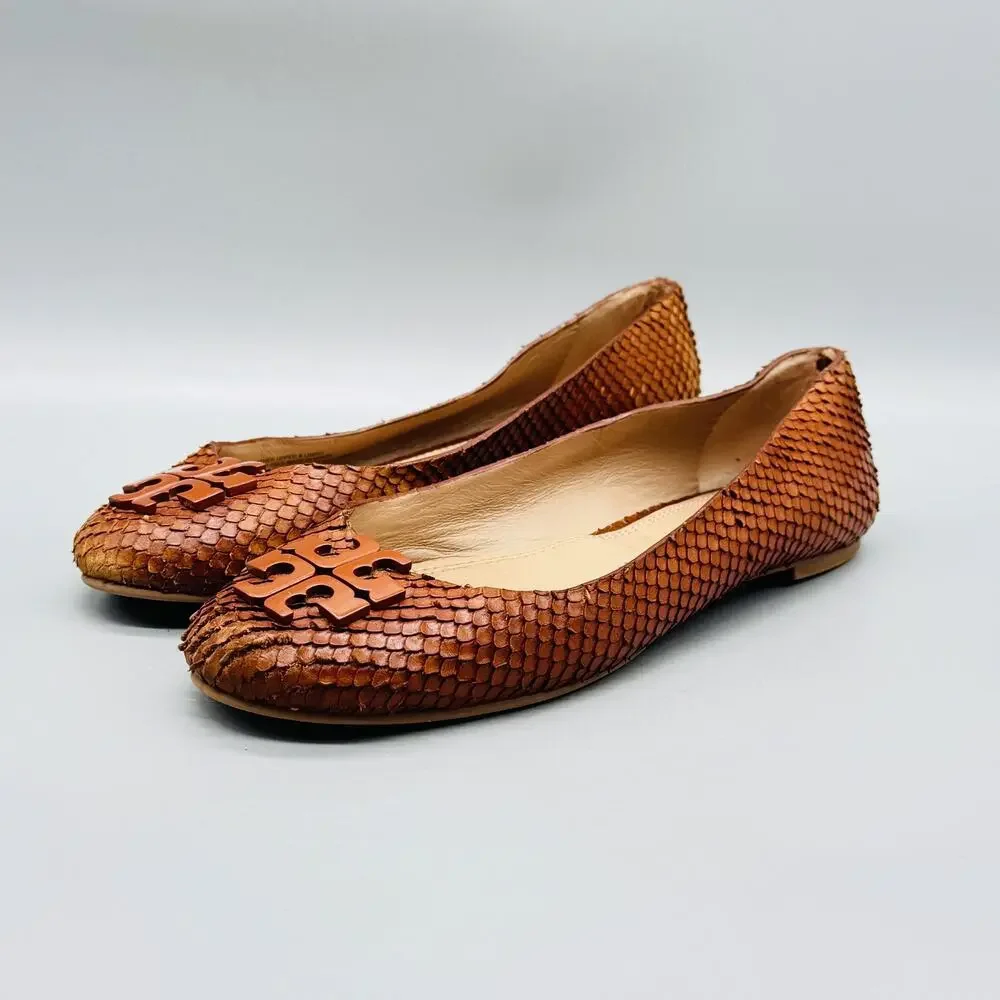 Tory Burch Shoes Womens 6 Brown Leather Snake Embossed Ballet Flats Logo Slip On